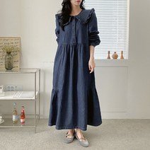 코지 여자 바닐라 데님 프릴 빅카라 통넓은 롱원피스