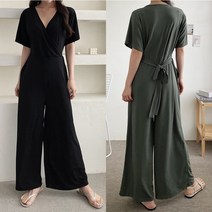 마이비몰 찰랑 반팔 브이넥 랩 와이드 점프슈트