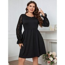 빅사이즈원피스 바캉스룩 꽃무늬 빅사이즈하객룩 휴양지원피스 우아한 레이스 퍼프 긴 소매 파티 드레스 여성용 플러스 사이즈 폴리에스테르 짧은 빅사이즈 블랙