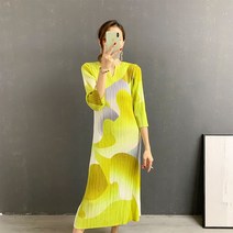 플리츠 롱 원피스 소매 7부 기하학 패턴 기계 주름 슬림핏 옐로우 그린 휴가지 여행지