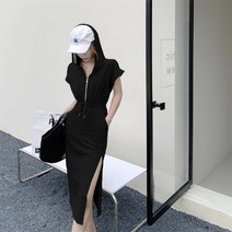 슬릿 트임 원피스 홍콩무드 CHIC 눈길을 끄는 지퍼후드 여성 디자인감각 보이핏 볼륨 하이웨이스트 날씬해 2570689498