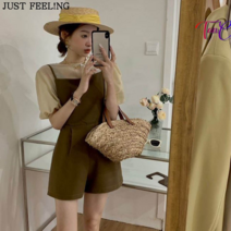 탕크 멜빵바지 여름 여성 루즈핏 퍼프소매 점프슈트 반팔 셔츠 블라우스 투피스 세트