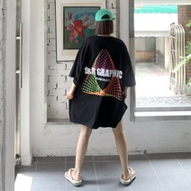 애플망고샵 빅사이즈 남녀공용 여름 반팔 그래픽 롱박스티 오버핏 루즈핏 캐주얼 여성 롱티셔츠