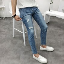 베이직바이블 디스트로이드 허리 전체 밴딩 연청 커팅 데님