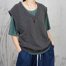 여성 헤비쭈리 피그먼트 브이넥 박시 조끼