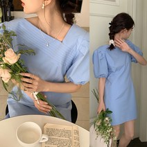 결혼식 하객룩 바스락원피스 소라색 퍼프 볼륨 반팔 소매 미니 원피스 미니멀 오피스룩
