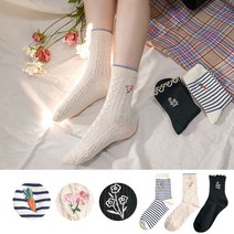 프롬산타 로맨틱자수 6켤레 패션 꽃 자수 여성 중목 양말