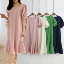 스퀘어넥 셔링소매 프릴밑단 반팔 롱원피스 DK