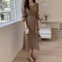 POMTOR chic 봄가을 기품 빈티지 네크라인 감령 퍼프소매 롱 스트링 조거 긴팔 원피스