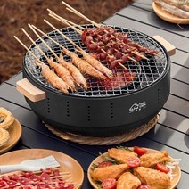 JENMV 원형 숯불 화로 세트 캠핑 바베큐 화로대 숯불화로대 캠핑화로대, 블랙-그릴망+그릴판+단열매트+수납주머니 세트, 1세트