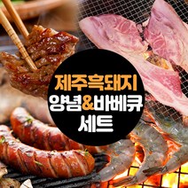 제주 흑돼지 바베큐 고기 캠핑세트 2~3인 수제소시지 새우 삼겹차돌 된장찌개 염통꼬치 생수, 제주흑돼지 양념구이+바베큐세트