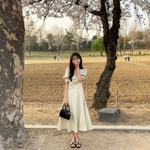 무지 브이넥 가슴셔링 퍼프 롱원피스 ops