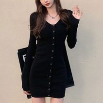 니트 골지 셔츠 레이어드 단추 원피스