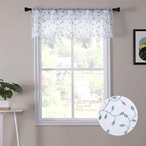 Tollpiz Leaves Sheer Valance Curtains Teal Blue Leaf Embroidery Bedroom Curtain Rod Pocket Voile Cur, 1