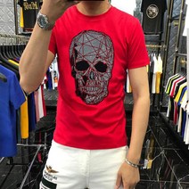 남성 티셔츠 스컬 라인스톤 스트리트웨어 면 루즈사이즈 힙합스타일 티스 2023 여름 트렌드 옴므 인과복 5XL