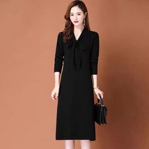 미미앤느 여성 리본넥 단색 심플 중년 외출룩 긴팔 니트 롱원피스