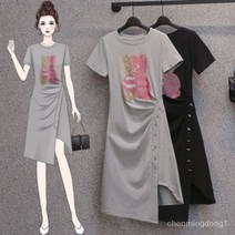 여성 반팔 면 롱티 언밸런스 트임 원피스 단추라인