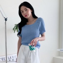 [바보사랑] 여성 여름 헨티드 스퀘어넥 꽈배기 반팔 니트
