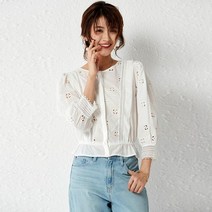 유에스 블라우스 펀칭셔츠 변경 가능한 여자 친구 프랑스어 로맨틱 복고풍 목회 중공 디자인 높은 허리 레이스 코튼 퍼프 슬리브