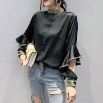 에블 대박걸 소매 슬릿 트임 긴팔 차이나넥 오리엔탈 무드 새틴 여자 블라우스 2color S-3XL