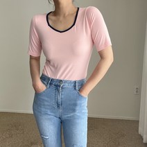 에이치스 쫀쫀 스판짱 유니크 넥라인 랍빠 슬림 반팔티셔츠