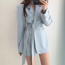 한국의 세련된 우아한 프랑스 양복 칼라 두 개의 버클 끈 허리 슬리밍 이중 주머니 느슨한 양복 재킷 여성