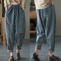 Tagi.여성 자수 데님 빅사이즈 루즈핏 배기팬츠 청바지