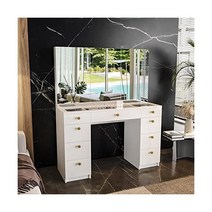 거울장 유리탑 9개의 서랍장 크리스탈 볼 노브가 있는 보아우스 릴리 화이트 메이크업 배니티 책상 모던 빅 라지, White, Gold Knobs