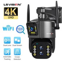LS-VISION 4K 8MP PTZ IP 카메라 3 렌즈 듀얼 스크린 WiFi 야외 보안 캠 모션 감지 자동 추적 10X 광학 줌, WIFI 8MP Add 128GB_영국 플러그