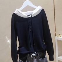 티티웍스 여성용 후드 니트 티셔츠 단추장식 간절기 스트랩 후드 니트