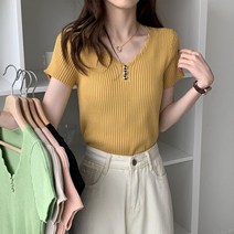 니트 반팔 브이넥 여리여리 데일리 반팔티