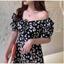 오프숄더원피스 플라워 미니 퍼프소매 바캉스 원피스