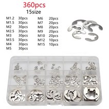 360200 개대 e 클립 세트 서클립 와셔 구색 키트 304 스테인레스 스틸 1.2-15mm 샤프트용 외부 c 클립 스냅, m1.2-m15 360pcs