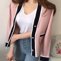 데일로엔 여성용 컬러배색 띠 금장포인트 여성 긴팔 가디건