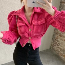 [티셔츠 맛집]﻿ ﻿﻿﻿핫핑크 크롭 카라 고르덴 셔츠 /파워숄더 가디건