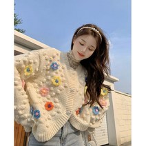라운드 크롭 니트 가디건 루즈핏 꽃자수 꽃무늬 플라워 배색 숏 여성 퐁퐁 수입 SY