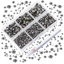 AD Beads 4300피스 플랫 백 네일 아트 라인스톤 라운드 비즈 6가지 사이즈 (26.5mm) 보관 정리함 상자 포함 폰 장식 공예 DIY용 피킹 펜 (혼합 색상) 441, Black Diamond