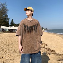 카키반팔티 XZ2032K03 P3823 년 구제워싱 플라워 프린팅 라운드넥 티셔츠 4993557759
