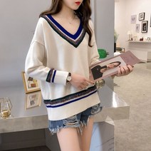 여성 루즈핏 라인 브이넥 니트