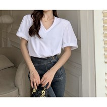 여자 어깨패드 브이넥 절개 여름 반팔 티셔츠