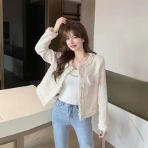 트위드롱자켓 노카라 트위드자켓 트위드반팔자켓 작은 향기로운 바람 재킷 여성 연예인 가을 겨울 어 캐주얼 트위드 숏 탑