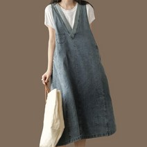 도다인 WAWAMOM 여성 브이넥 데님 민소매 나시원피스 청 조끼원피스 DML37