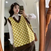 손뜨개조끼 오버핏 롱 크롭 니트조끼 플러스 사이즈 3xl 격자 무늬 인쇄 v-목 조끼 여성 어 기본 민소매 Preppy 스타일 니트 스웨터 대형