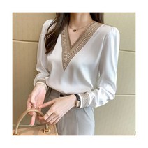 코발트 블루 셔츠 파란색 블라우스 남방 난방 화이트 탑 자수 v넥 쉬폰 E226