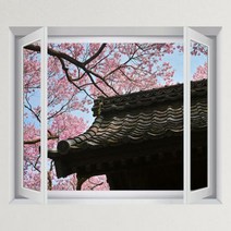 iy884-벚꽃드리워진기와집 창문그림액자(중형) H타입-아이보리화이트, 단품