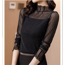 하프 하이 칼라 레이스 밑단 블라우스 여성 새로운 외국 스타일 이너 메쉬 속이 빈 긴 소매 셔츠 플러시