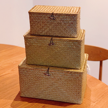 옥상점 사각 뚜껑 라탄 바구니 3종 베이지 색상(해초 바구니) (대 중 소 중 택1), 소형, 1개