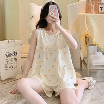 미니에어컨 여름 여성잠옷 뉴타입 무명 에어컨 홈웨어 스위트 소녀 타입학생 외부착용가능 빅사이즈 비단 세트 얇은, T02-L, C03-일월 베이지