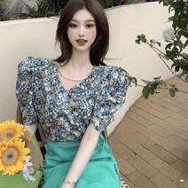 기타 바보사랑[디작소] 여성 블라우스 여름 레이스 셔츠 플라워 퍼프 목걸이