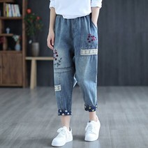 엄마 빅사이즈 롤업 청바지 꽃무늬 중년 자수 레이스 하렘 팬츠